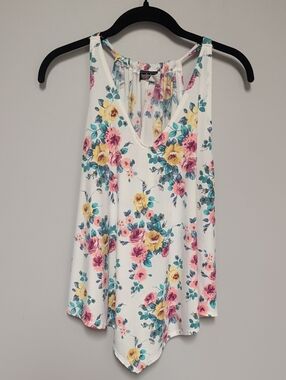 Floral V-Neck Racerback Tank - White with Pink & Yellow Roses